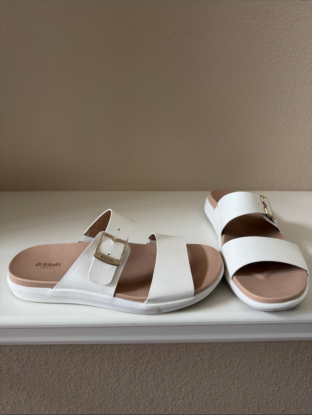 Dr. Scholl's White Double-Strap Slide Sandals with Gold Buckle